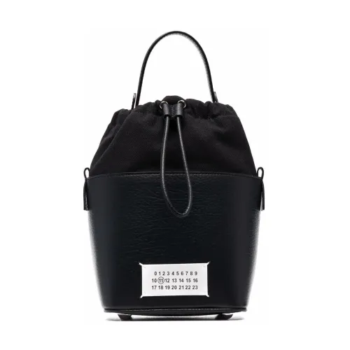 Maison Margiela , Black Textured Leather Bucket Bag with Logo ,Black female, Sizes: ONE SIZE