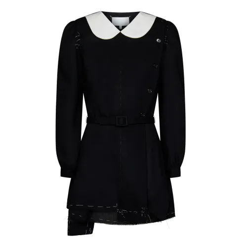 Maison Margiela , Black Wool Dress with Peter Pan Collar and Adjustable Belt ,Black female, Sizes: