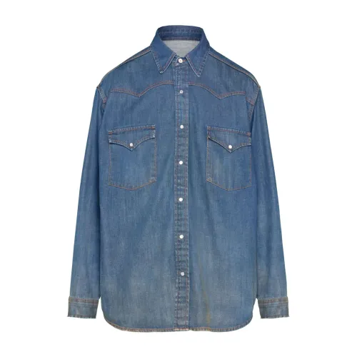 Maison Margiela , Blue Denim Contrast Stitch Shirt ,Blue male, Sizes: