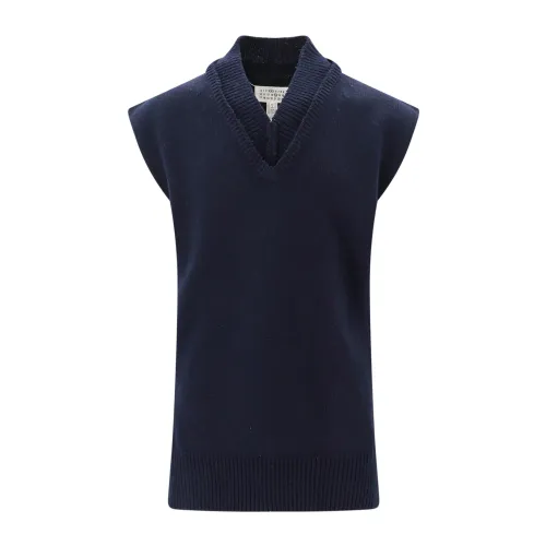 Maison Margiela , Blue Knitwear Vest for Men - Wool, Linen, and Cotton Blend ,Blue male, Sizes: