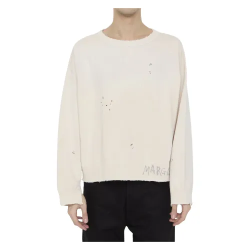 Maison Margiela , Ecru Cotton Sweatshirt with Hand-Written Logo ,Beige male, Sizes:
