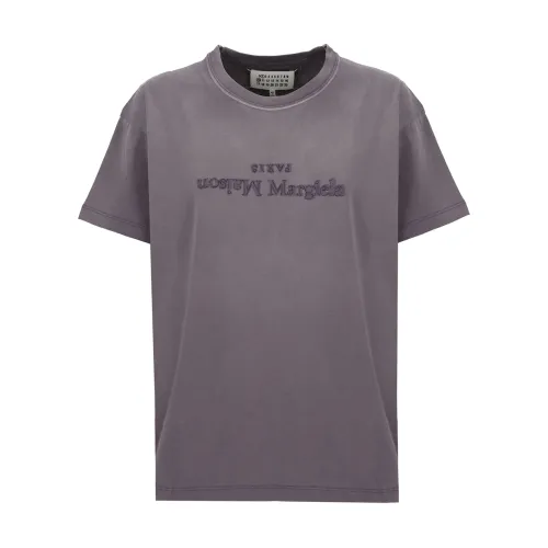 Maison Margiela , Lilac Cotton T-shirt with Embroidered Logo ,Purple female, Sizes:
