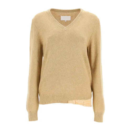 Maison Margiela , Luxury V-Neck Wool Cashmere Sweater ,Beige female, Sizes: