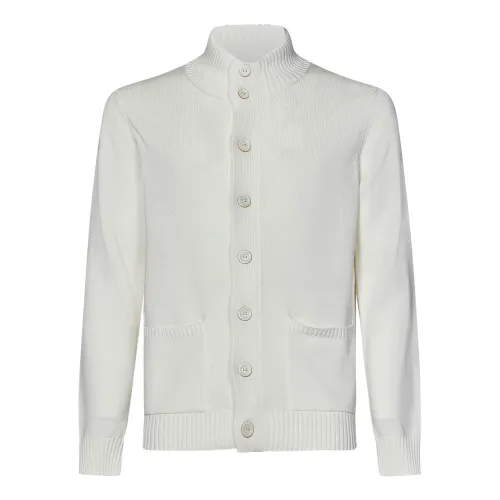 Malo , White Cotton Knit Turtleneck Cardigan ,White male, Sizes: