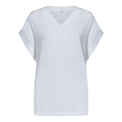Malo , White Loose Fit V-Neck T-Shirt with Buttons ,White female, Sizes: