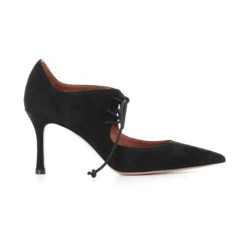 Malone Souliers , Black Suede Heeled Décolleté with Crossed Laces ,Black female, Sizes: