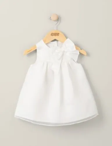 Mamas & Papas Girls Pure Cotton Bow Dress (0-3 Yrs) - 3-6 M - White, White