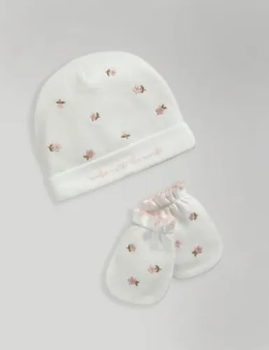 Mamas & Papas Newborn Girls Embroidered Hat and Mitten Set (7lbs-6 Mths) - 0-3 M - White, White