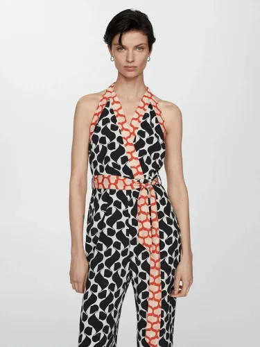 Mango Cosim Abstract Print Bow Detail Halterneck Jumpsuit, Black/Multi - Black/Multi - Female