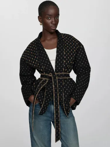 Mango Elora Geometric Print Bow Jacket, Navy/Multi - Navy/Multi - Female