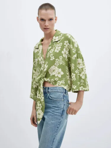 Mango Floral Print Tie Shirt, Green - Green - Female