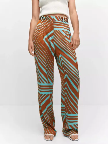 Mango Loren Abstract Stripe Print Satin Trousers, Cinnamon/Aqua - Cinnamon/Aqua - Female