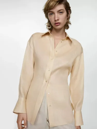 Mango Luca Bow Detail Oversized Linen Shirt, Light Beige - Light Beige - Female