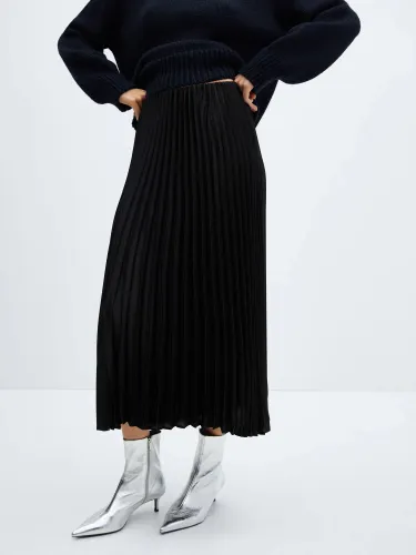 Mango Plisado Pleated Midi Satin Skirt, Black - Black - Female