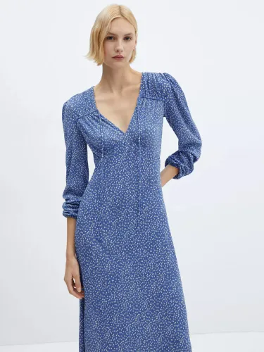 Mango Pomelo Tie Neck Spot Print Midi Dress, Medium Blue - Medium Blue - Female