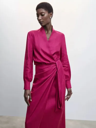 Mango Rustik Draped Linen Blend Wrap Dress - Bright Pink - Female