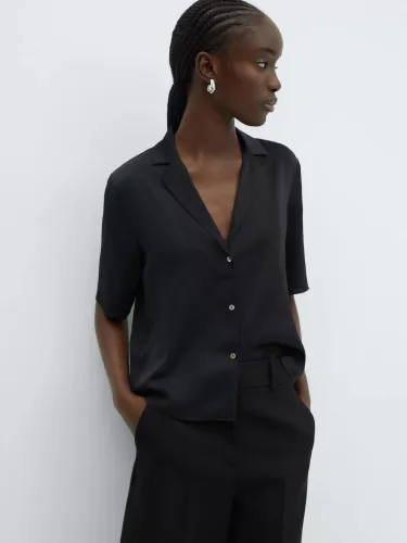 Mango Short Sleeve Satin Shirt - Black - Female