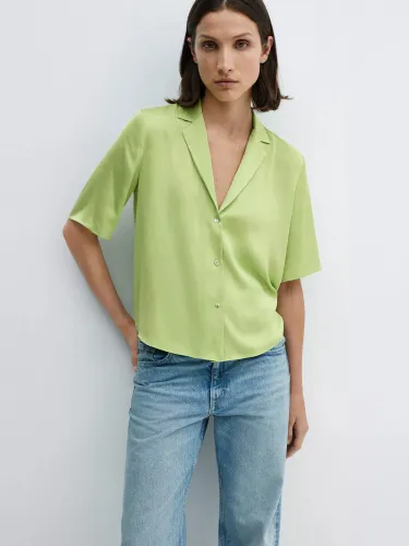 Mango Short Sleeve Satin Shirt, Green - Green - Female