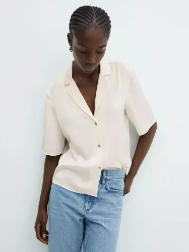 Mango Short Sleeve Satin Shirt - Light Beige - Female
