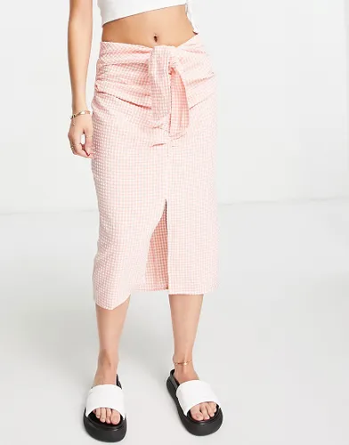 Mango tie up split detail midi skirt in pink gingham
