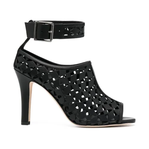 Manolo Blahnik , Black Geometric Laser-Cut Leather Sandals ,Black female, Sizes: