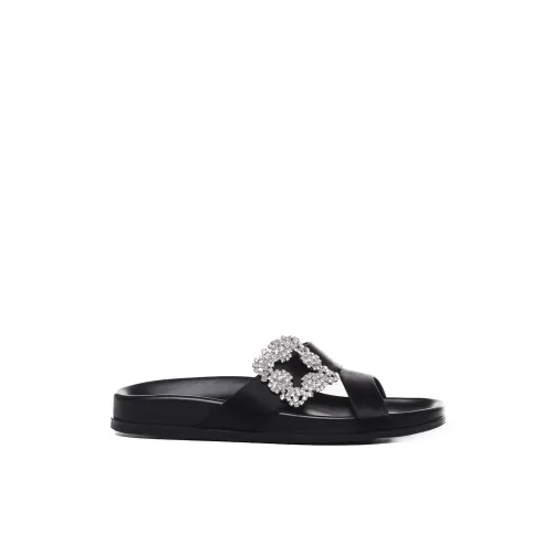 Manolo Blahnik , Black Jewel Buckle Flat Sandals ,Black female, Sizes: