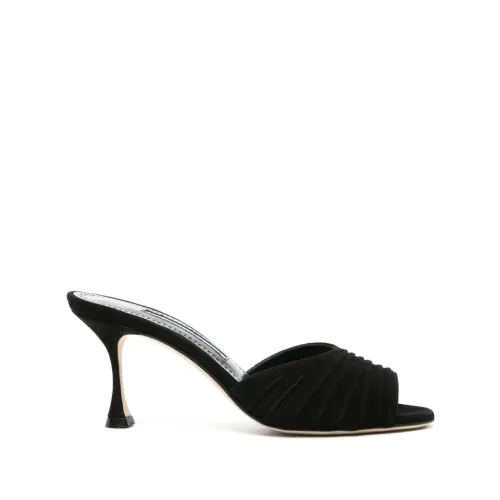 Manolo Blahnik , Black Suede Mule Sandals with Draped Details ,Black female, Sizes: