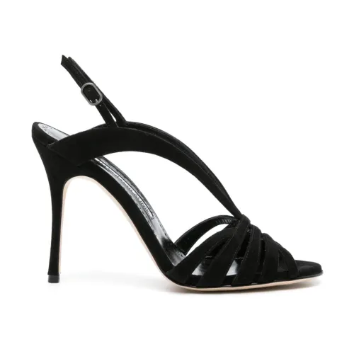 Manolo Blahnik , Black Suede Sandals with Almond Toe and Adjustable Ankle Strap ,Black female, Sizes: