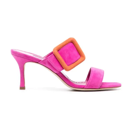 Manolo Blahnik , Fuchsia Suede Sandals with Oversized Buckle ,Pink female, Sizes:
