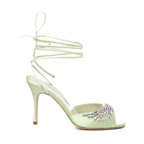 Manolo Blahnik , Green Crystal Sandals with Cone Heel ,Green female, Sizes: