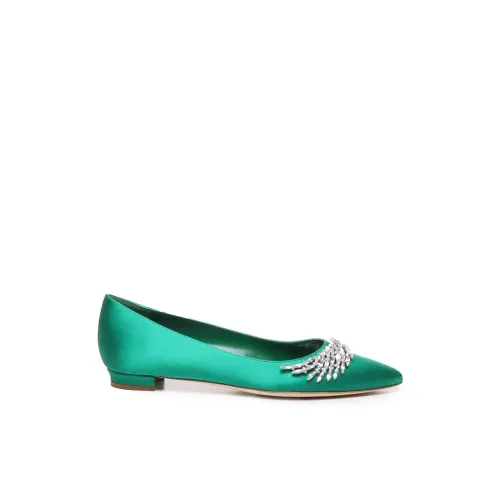 Manolo Blahnik , Green Flat Satin Pumps with Crystal Decoration ,Green female, Sizes: