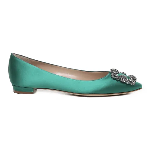 Manolo Blahnik , Green Satin Flat Shoes with Crystal Buckle ,Green female, Sizes: