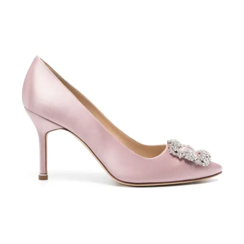 Manolo Blahnik , Pink Silk Crystal Buckle Stiletto Heels ,Purple female, Sizes: