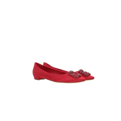Manolo Blahnik , Red Silk Flat Shoes with Jewel Buckle ,Red female, Sizes: