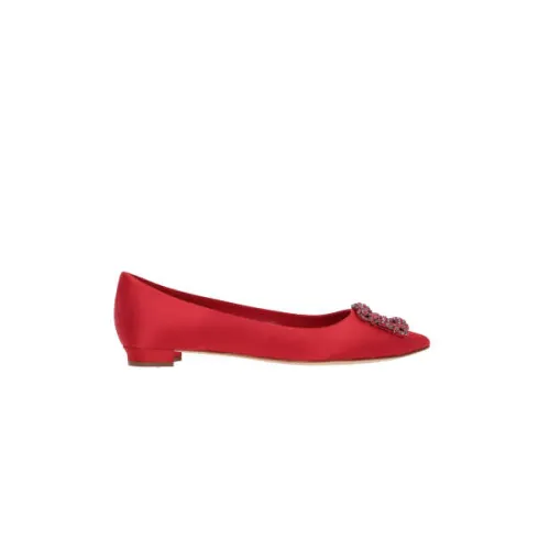 Manolo Blahnik , Red Silk Satin Jewel Buckle Ballerina Shoes ,Red female, Sizes: