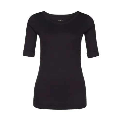 Marc Cain , Midnight Blue Ribbed T-Shirt with Toned Overlock Seams ,Blue female, Sizes:
