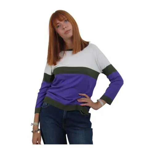 Marella , Color Block Round Neck Women Sweater ,Green female, Sizes:
