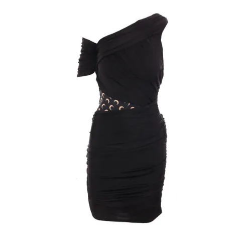 Marine Serre , Black Draped Stretch Viscose Dress with Moon Print ,Black female, Sizes: