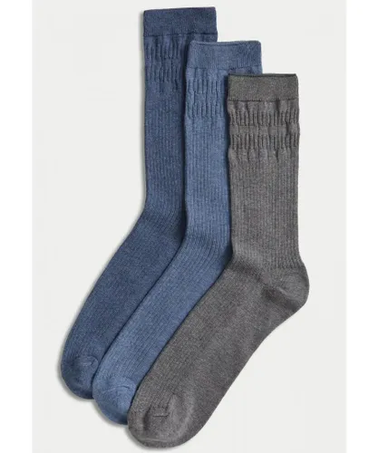 Marks & Spencer M&S Mens 3 Pack Gentle Grip Cool & Fresh Socks Blue Mix - Multicolour Cotton