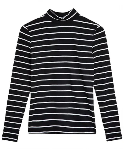 Marks & Spencer Womens High Neck Striped Jersey Top - Black Cotton