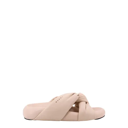 Marni , Beige Leather Sandals with Logo Print ,Beige female, Sizes: