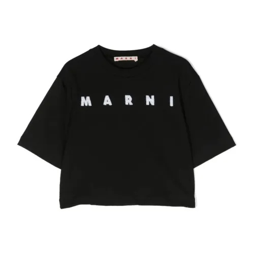 Marni , Black Cropped Kids T-shirt with Sequin Logo ,Black female, Sizes: