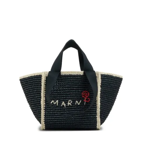 Marni , Black/White Viscose Embroidered Logo Tote ,Black female, Sizes: ONE SIZE