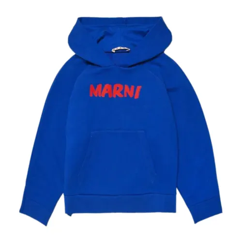 Marni , Blue Hooded Sweater with Logo Print ,Blue female, Sizes: