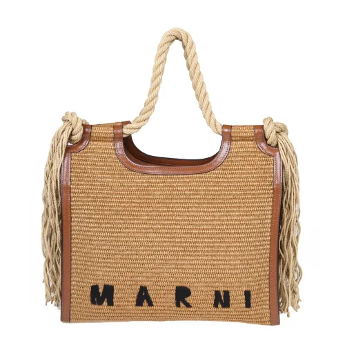 Marni , Natural Raffia Handbag with Embroidered Logo ,Beige female, Sizes: ONE SIZE