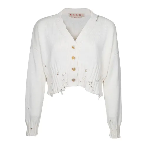 Marni , White Cotton Cardigan with Hand Embroidered Logo ,White female, Sizes: