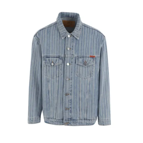 Martine Rose , Oversized Denim Coat with Faded Print and Stripes ,Blue male, Sizes: