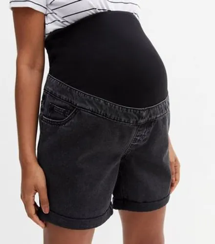 Maternity Black Denim Over Bump Shorts New Look
