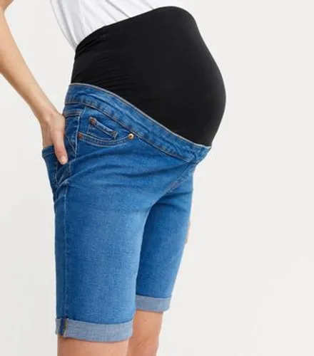 Maternity Blue Denim Lift & Shape Over Bump Knee Shorts New Look