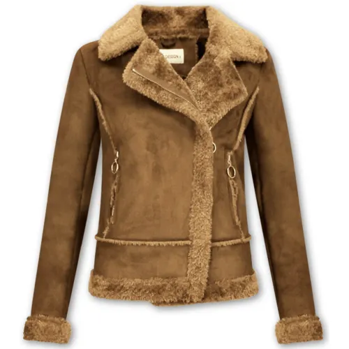 Matogla , Biker Lammy Coat - Short Brown Leather Jacket ,Brown female, Sizes: